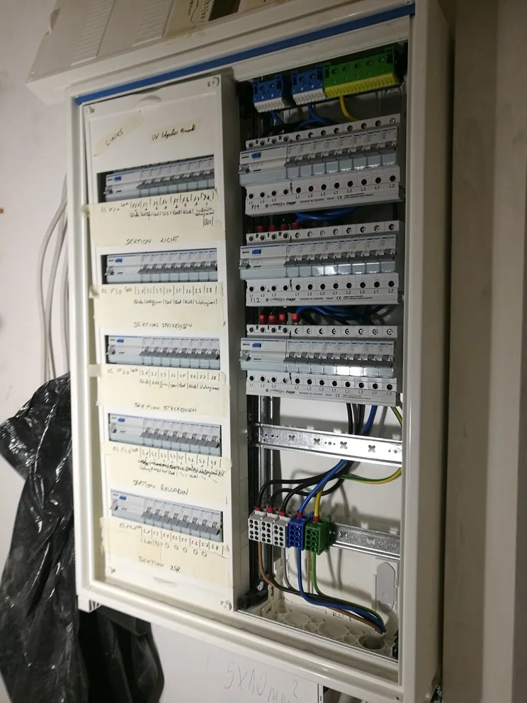 Beschrifteter Unterverteiler mit Sicherungsautomaten für Licht- und Steckdosenstromkreise.